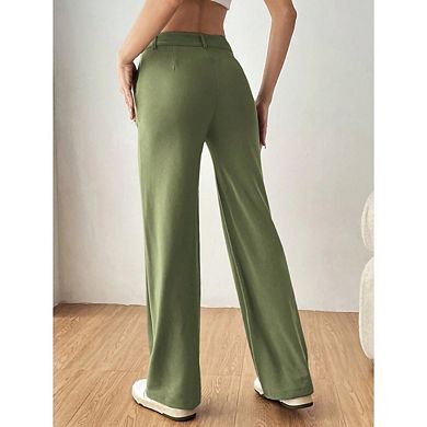Women's Straight Leg Pants Stretchy Button Business Casual Work Trousers Knit Elastic Waist Slacks