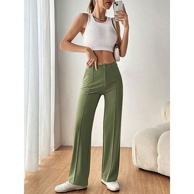 Women's Straight Leg Pants Stretchy Button Business Casual Work Trousers Knit Elastic Waist Slacks