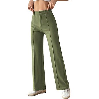 Women's Straight Leg Pants Stretchy Button Business Casual Work Trousers Knit Elastic Waist Slacks