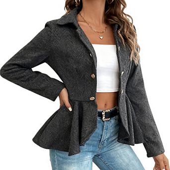 Women's Notch Lapel Blazer Figure-Flattering Checkered Jacket with Ruffle Hem