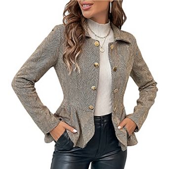 Women's Notch Lapel Blazer Figure-Flattering Checkered Jacket with Ruffle Hem