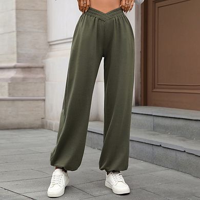 Women's V Crossover High Waisted Wide Leg Sweatpants Workout Active Joggers Baggy Lounge Pants