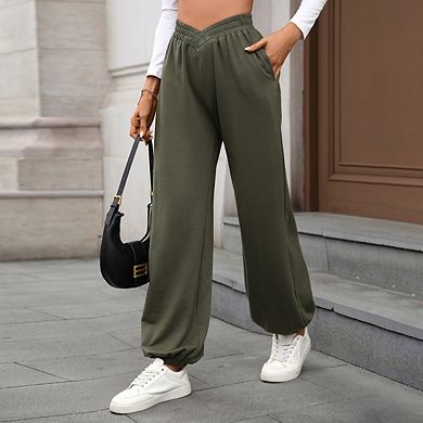 Women's V Crossover High Waisted Wide Leg Sweatpants Workout Active Joggers Baggy Lounge Pants