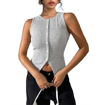Women's Knit Vest Sleeveless Cardigan Stretchy Faux Button Slim Fit Layering Top
