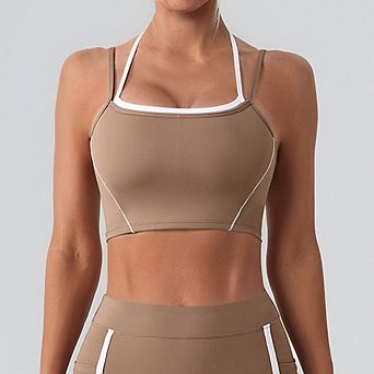 Women's Double-Layer Halter Sports Bra Adjustable Strap Racerback Workout Crop Top