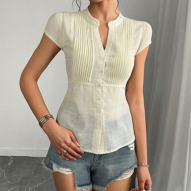 Women's French V-Neck Ruffle Short Sleeve Shirt Tummy Control Smocked Top Blouses