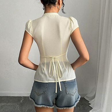 Women's French V-Neck Ruffle Short Sleeve Shirt Tummy Control Smocked Top Blouses