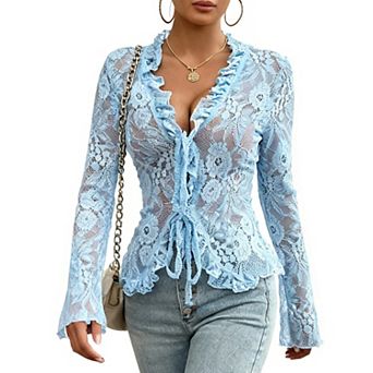 Women's Deep V-Neck Lace Blouse Tie-Front Long Sleeves Asymmetrical Hem Top