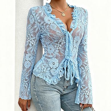 Women's Deep V-Neck Lace Blouse Tie-Front Long Sleeves Asymmetrical Hem Top
