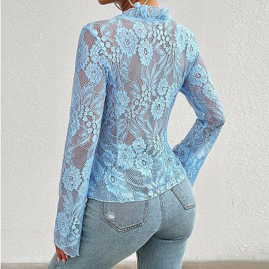 Women's Deep V-Neck Lace Blouse Tie-Front Long Sleeves Asymmetrical Hem Top