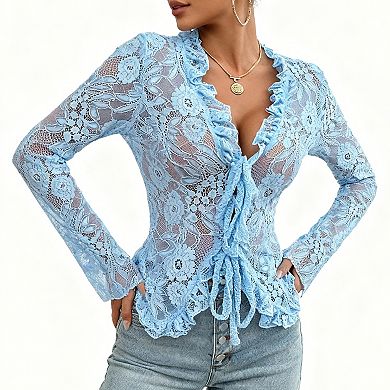 Women's Deep V-Neck Lace Blouse Tie-Front Long Sleeves Asymmetrical Hem Top