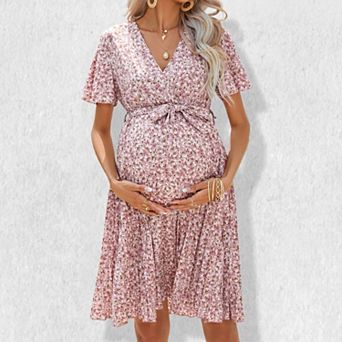Women's Maternity V-Neck Pleated Dress Flowy A-Line Pregnancy Gown with Adjustable Belt