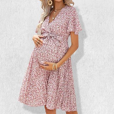 Women's Maternity V-Neck Pleated Dress Flowy A-Line Pregnancy Gown with Adjustable Belt
