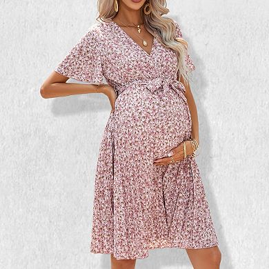 Women's Maternity V-Neck Pleated Dress Flowy A-Line Pregnancy Gown with Adjustable Belt