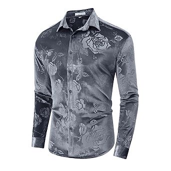 Mens Velvet Embossed Long Sleeve Collar Button Shirt Tops