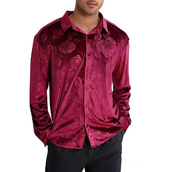 Mens Velvet Embossed Long Sleeve Collar Button Shirt Tops