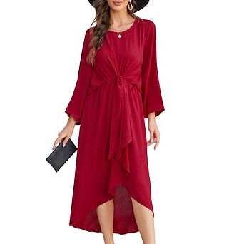 Women's Long Sleeve Ruched Waist Flowy A Line High Low Elegant Midi Cocktail Party Dress