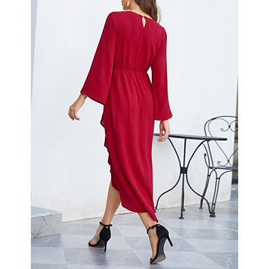 Women's Long Sleeve Ruched Waist Flowy A Line High Low Elegant Midi Cocktail Party Dress