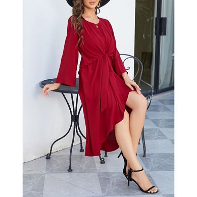 Women's Long Sleeve Ruched Waist Flowy A Line High Low Elegant Midi Cocktail Party Dress