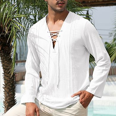 Mens V Neck Tie Closure Embossed Trim Long Sleeve Top