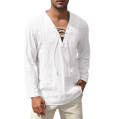 Mens V Neck Tie Closure Embossed Trim Long Sleeve Top