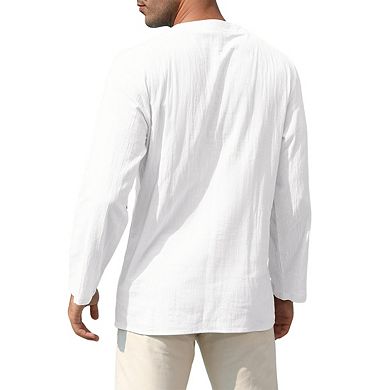 Mens V Neck Tie Closure Embossed Trim Long Sleeve Top