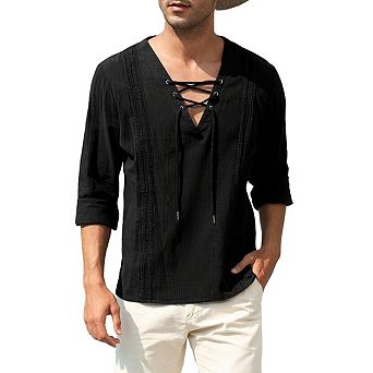 Mens V Neck Tie Closure Embossed Trim Long Sleeve Top
