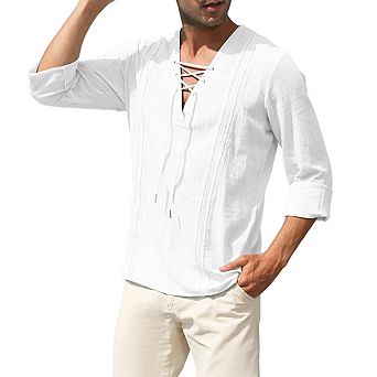 Mens V Neck Tie Closure Embossed Trim Long Sleeve Top