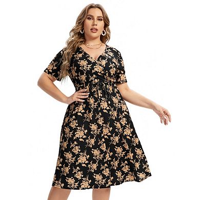 Women's Plus Size Summer Short Sleeve Casual Dresses V Neck Midi Dress