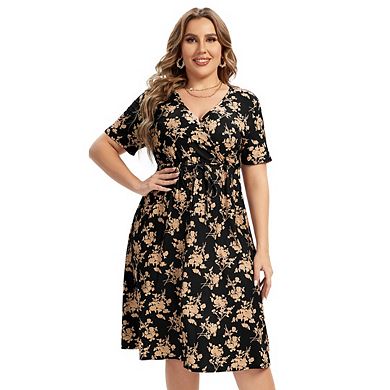 Women's Plus Size Summer Short Sleeve Casual Dresses V Neck Midi Dress