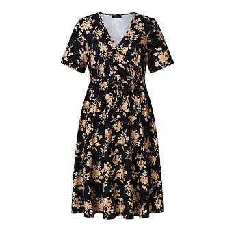 Women's Plus Size Summer Short Sleeve Casual Dresses V Neck Midi Dress