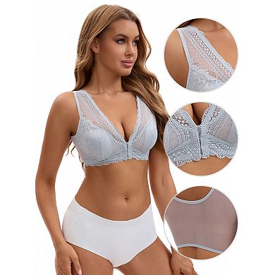 3 Packs Women's Deep V Neck Lace Sheer Front Closure Wirefree Tank Back Training Plunge Bras