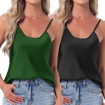 Women's 2 pc Satin Camisole Silky Pajama Tank Top U Neck Soft Spaghetti Strap Loose Basic Sleepwear