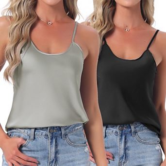 Women's 2 pc Satin Camisole Silky Pajama Tank Top U Neck Soft Spaghetti Strap Loose Basic Sleepwear