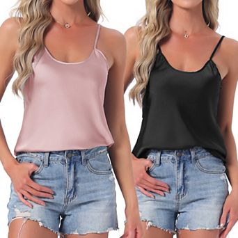 Women's 2 pc Satin Camisole Silky Pajama Tank Top U Neck Soft Spaghetti Strap Loose Basic Sleepwear