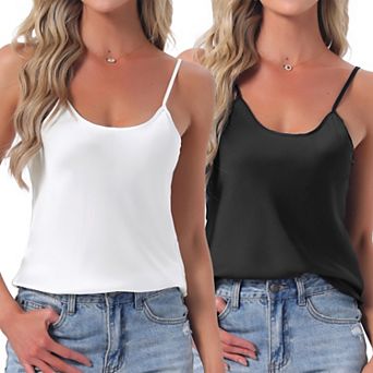 Women's 2 pc Satin Camisole Silky Pajama Tank Top U Neck Soft Spaghetti Strap Loose Basic Sleepwear