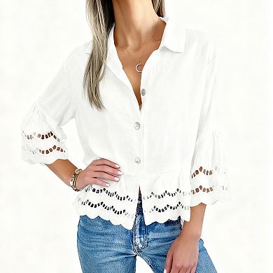 Women's Notch Collar Button-Down Lace-Up Bell Sleeve Blouse Top Shirts