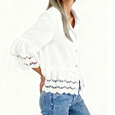 Women's Notch Collar Button-Down Lace-Up Bell Sleeve Blouse Top Shirts