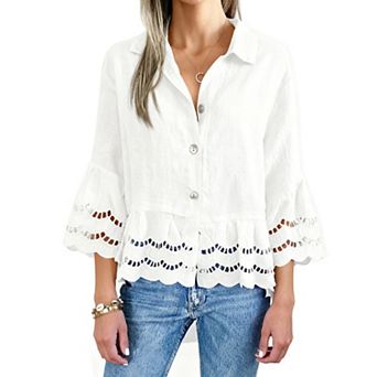 Women's Notch Collar Button-Down Lace-Up Bell Sleeve Blouse Top Shirts