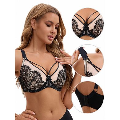 3 Packs Women's Lace Mesh Full Coverage Underwire Soft Cup Light and Breathable Push Up Bras