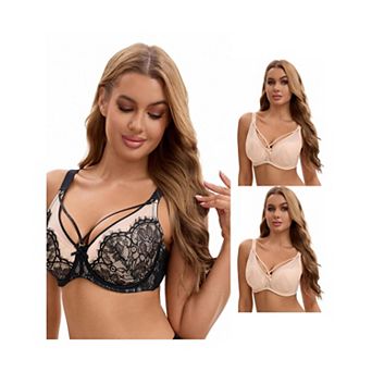 3 Packs Women's Lace Mesh Full Coverage Underwire Soft Cup Light and Breathable Push Up Bras