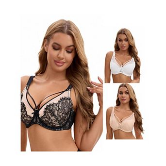 3 Packs Women's Lace Mesh Full Coverage Underwire Soft Cup Light and Breathable Push Up Bras