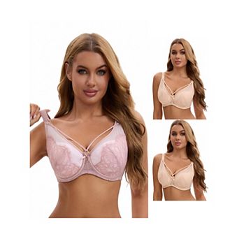 3 Packs Women's Lace Mesh Full Coverage Underwire Soft Cup Light and Breathable Push Up Bras