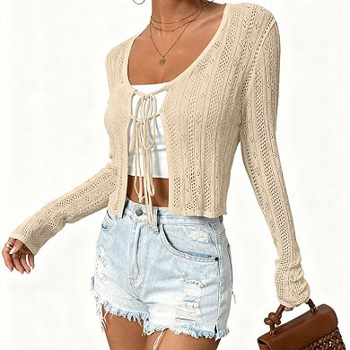 Women's Lightweight Tie-Front Cardigan Long Sleeve Draped Knit Cover-Up
