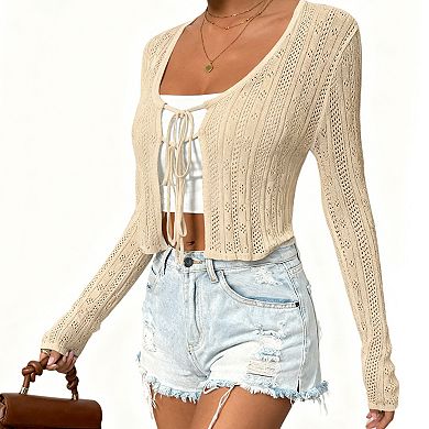 Women's Lightweight Tie-Front Cardigan Long Sleeve Draped Knit Cover-Up