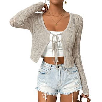 Women's Lightweight Tie-Front Cardigan Long Sleeve Draped Knit Cover-Up