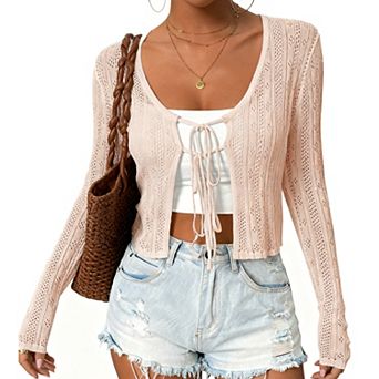 Women's Lightweight Tie-Front Cardigan Long Sleeve Draped Knit Cover-Up