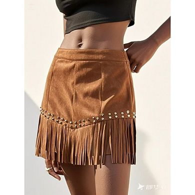 Women Fringe Skirt Western Cowgirl Terra Cotta High Waist Mini Skirt Suede Tassel Counrty Concert