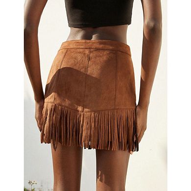 Women Fringe Skirt Western Cowgirl Terra Cotta High Waist Mini Skirt Suede Tassel Counrty Concert