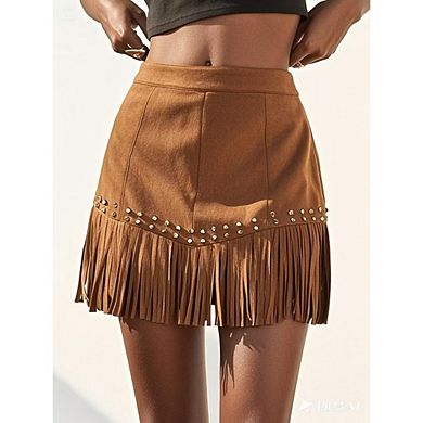 Women Fringe Skirt Western Cowgirl Terra Cotta High Waist Mini Skirt Suede Tassel Counrty Concert
